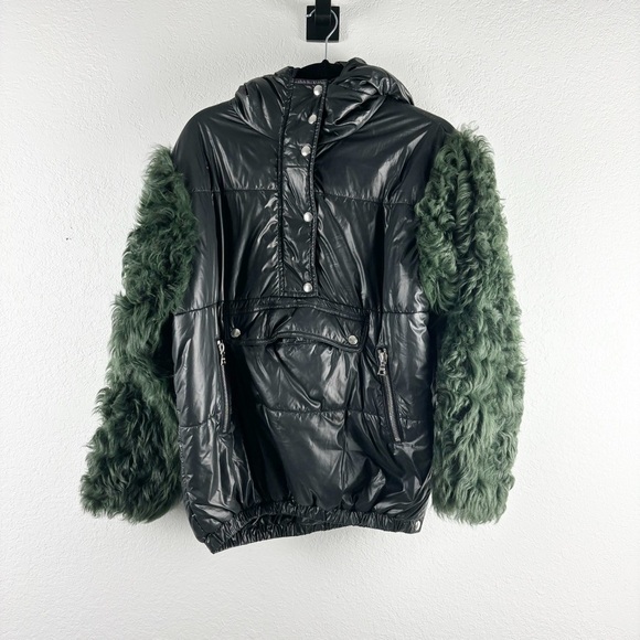 Sandy Liang Gordo Puffer Lamb Shearling Pullover Jacket Black Green Size 4 - Picture 3 of 8